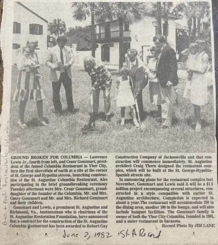1982 St. Augustine Record clipping, "Ground Broken for Columbia.”