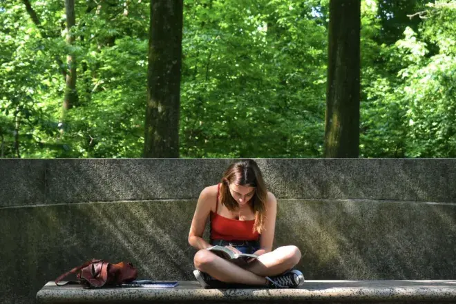 student studying on bench