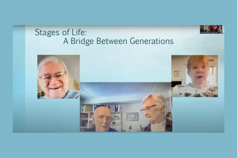 Stages of Life graphic featuring seniors on Zoom
