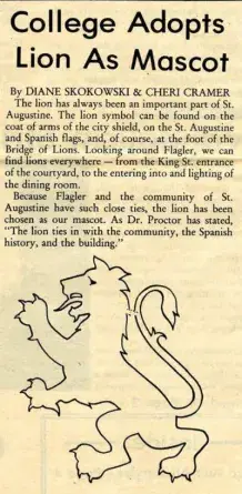 Gargoyle newspaper clipping about the college adopting the lion as mascot