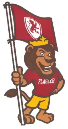 Little Saints mascot holding a flag with the college logo on it