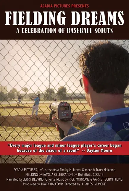 Poster for the "Fielding Dreams" documentary. A scout is pointing a radar at a pitcher on a baseball field.