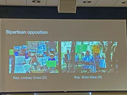 Bipartisan opposition depicted with Dem/ Rep side-by-side of protest