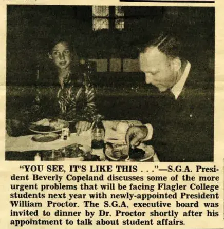 Beverly Copeland as SGA President talking with President Proctor