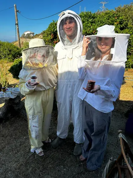 Students on the Greece FlagSHIP trip pose in their beekeeping outfits
