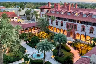 Looking down into the Ponce Hall Courtyard during a sunset