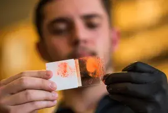 A student holds up an evidence slide.