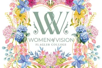 Women of Vision banner - Wreath of colorful flowers around the title