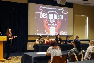 Design Week 2025 graphic on big screen in Virginia Room