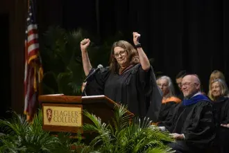 Andrea McCook giving her keynote speech at the 2026 Convocation