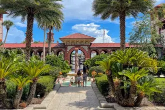 Wide view of the courtyard at the Ponce with the water fountain in the middle