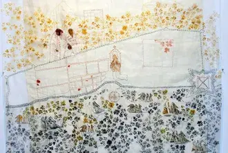 Large Block-printed silk organza, linen, pigment drawing, and hand-stitching