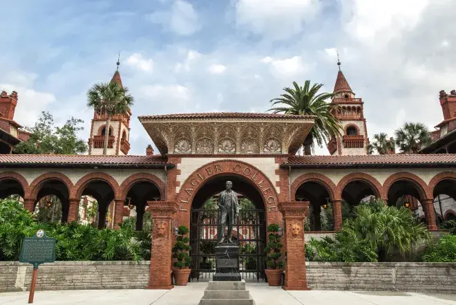 The front of Flagler College is shown.