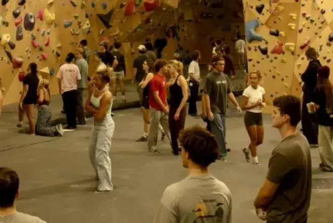 Image of students at rock climbing gym