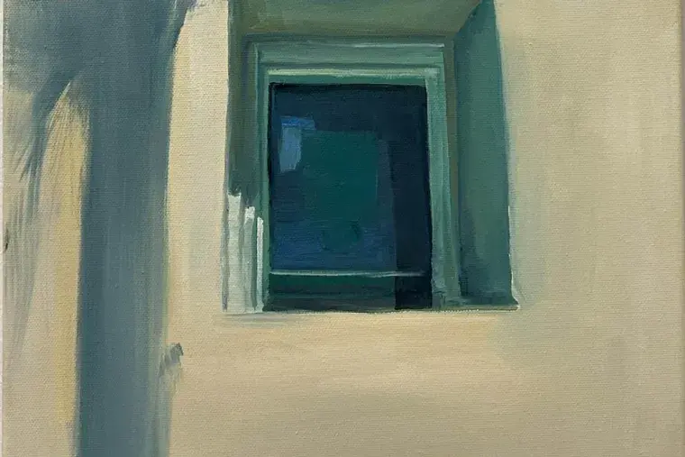 Student portfolio show - picture of window against a beige wall