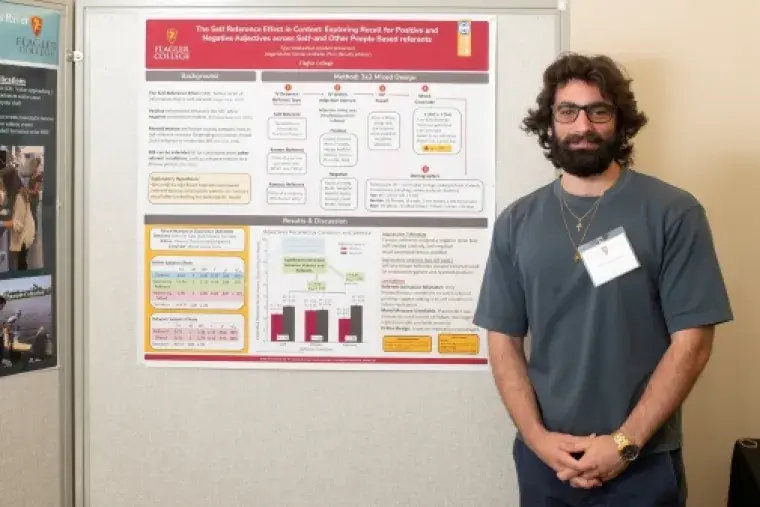Student standing in front of research presentation