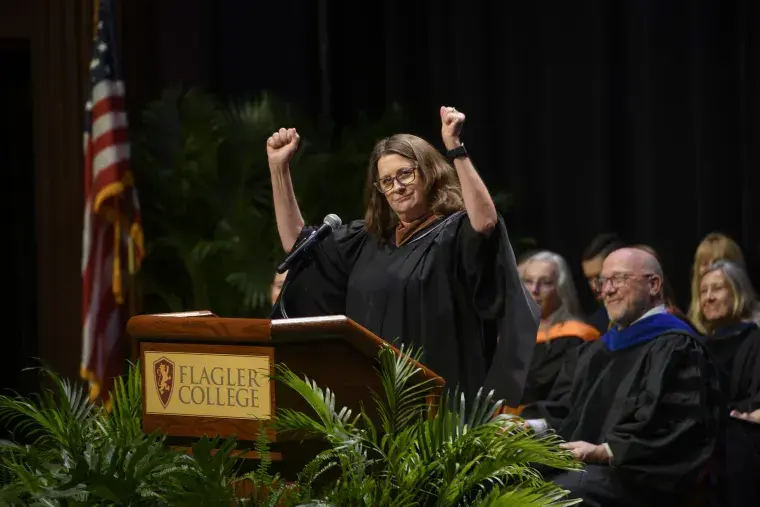 Andrea McCook giving her keynote speech at the 2026 Convocation