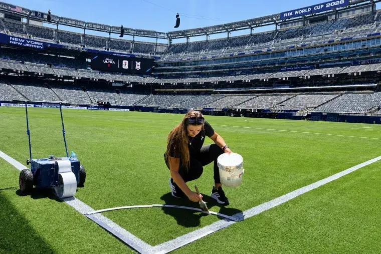 Brooke Rienecker painting the corner of a soccer field for the FIFA World Cup