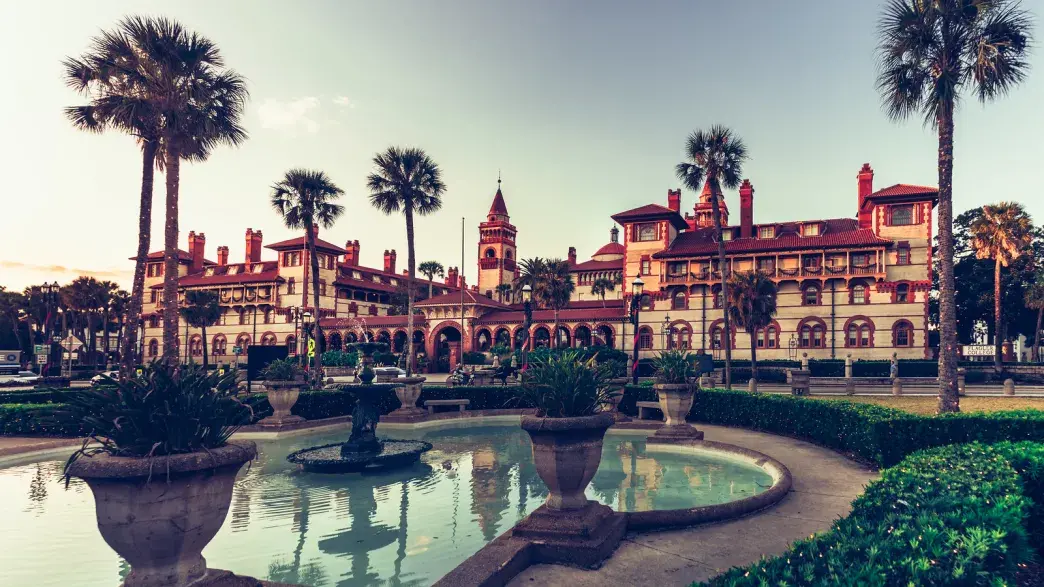 Ponce Hall is seen from the Lightner Museum front lawn at sunset.