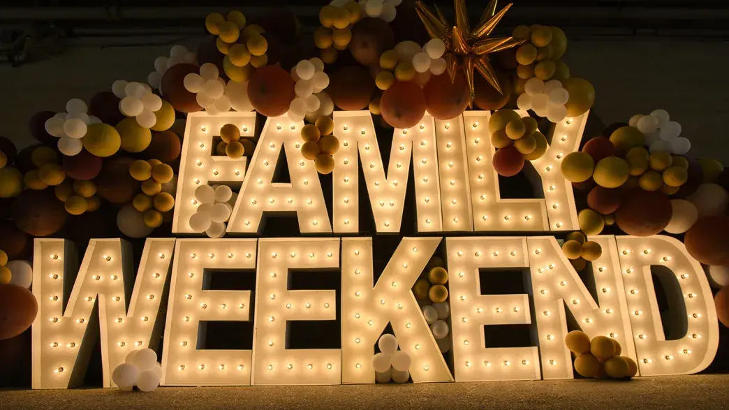 Family Weekend Selfie spot light up letters with balloons
