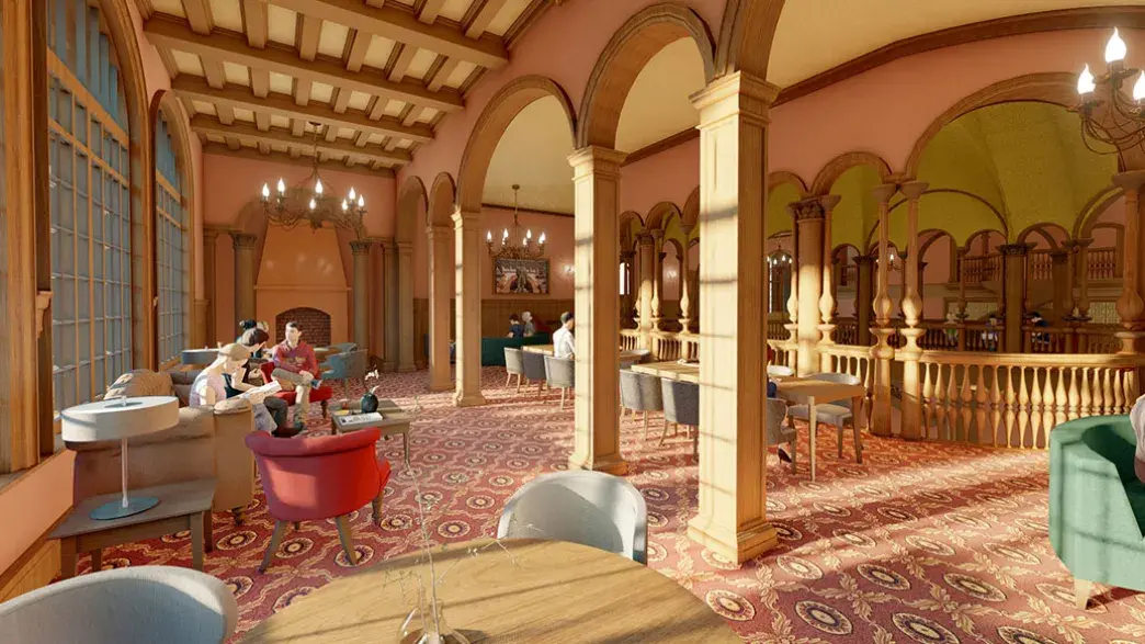 A computer render of the refurbished Ponce Hall sitting area.