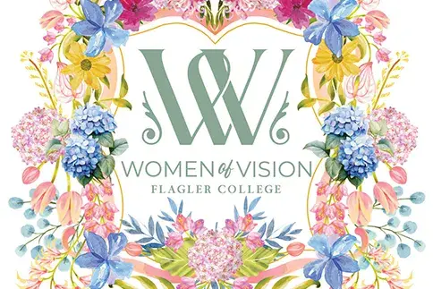 Women of Vision banner - Wreath of colorful flowers around the title