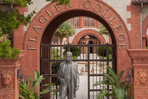 View of statue of Henry Flagler in front of Ponce Hall. 