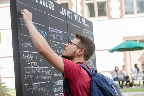 Student signing Chalkboard Wall