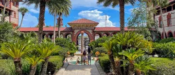 Wide view of the courtyard at the Ponce with the water fountain in the middle