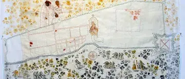 Large Block-printed silk organza, linen, pigment drawing, and hand-stitching