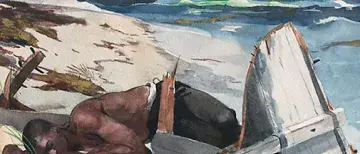Watercolor of a man laying on a beach next to the debris of a wrecked boat.