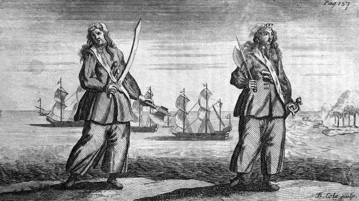 Old illustration of pirates standing on a shore with ships in the background