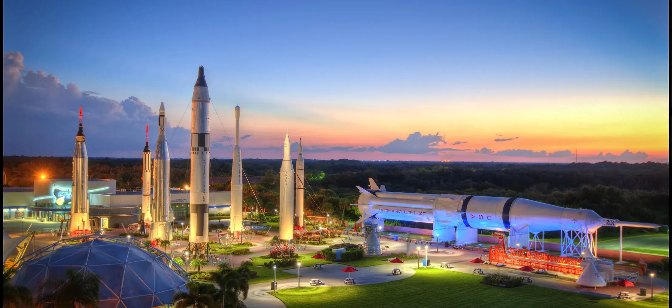 Aerial view of the rocket garden at Kennedy Space Center