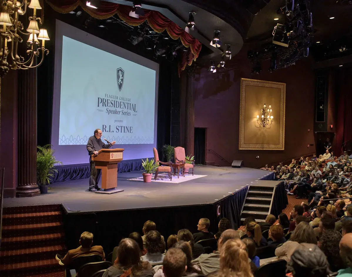 R.L. Stine at podium