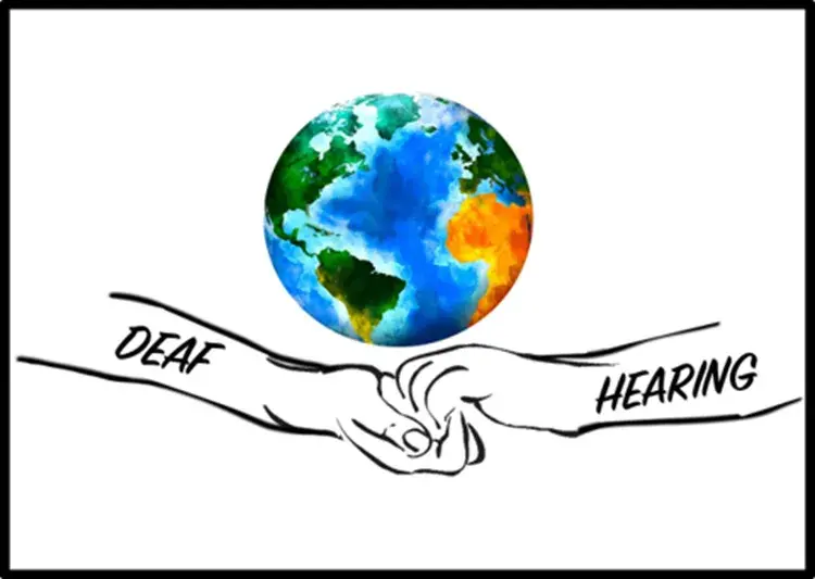 A logo with to arms and hands clasping. One arm is marked deaf and the other is marked hearing.