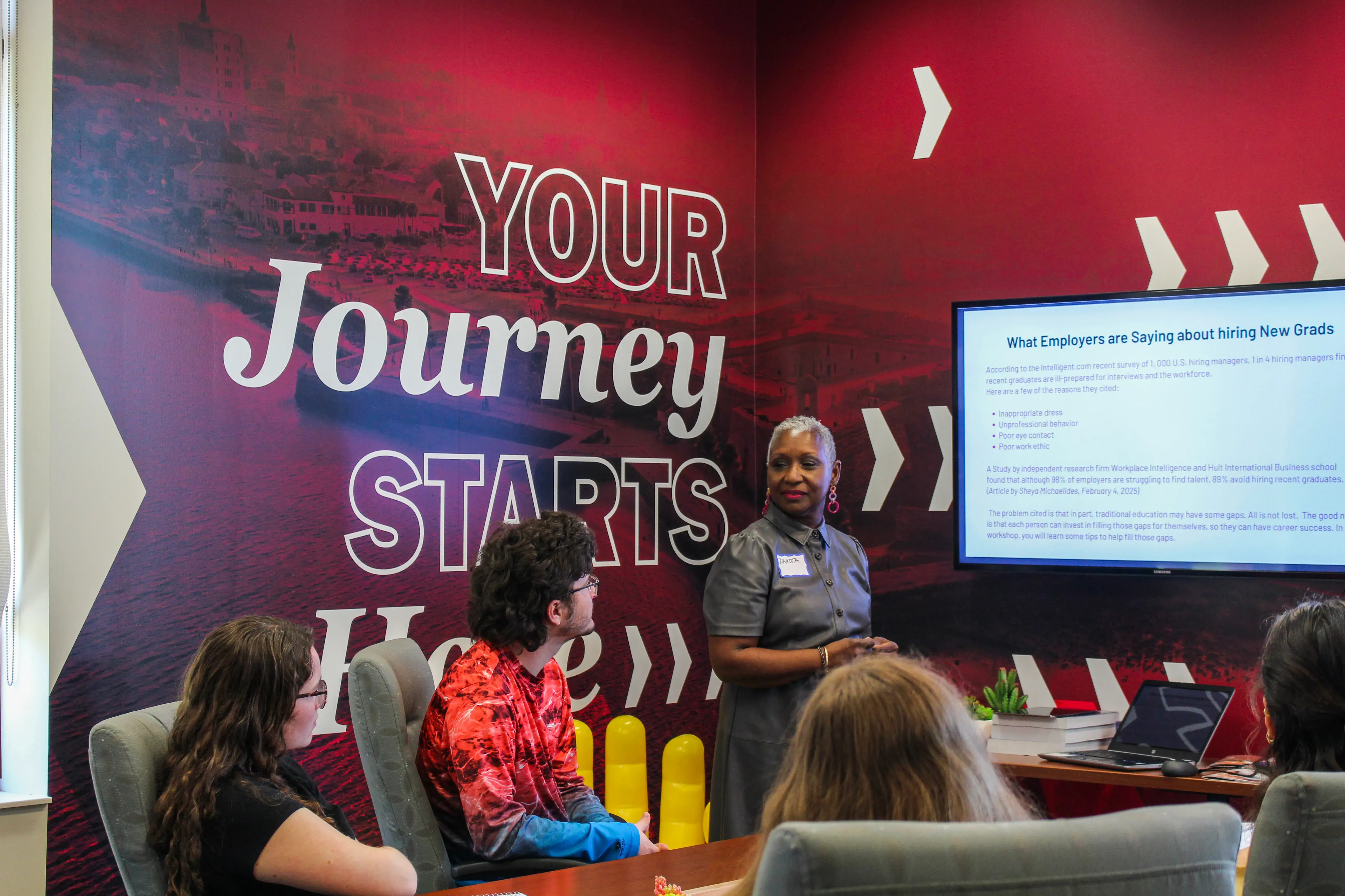 "your Journey Starts Here" Conf. room wall graphic during presentation on "hiring new grads"