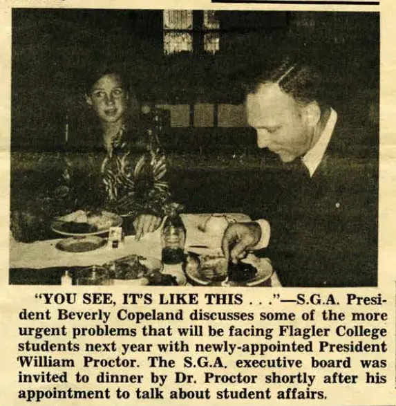 Beverly Copeland as SGA President talking with President Proctor