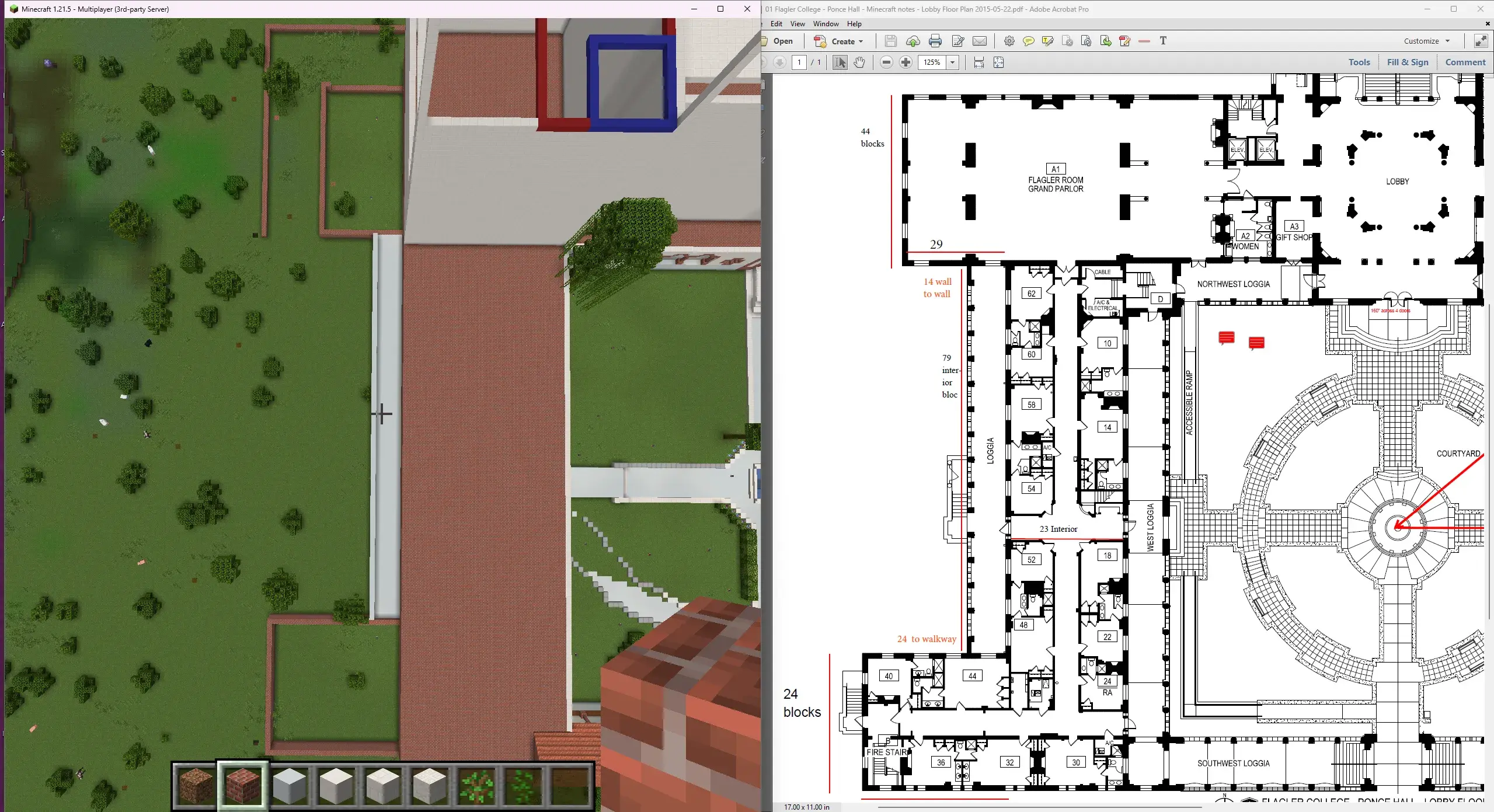Minecraft image of ponce courtyard with blueprints beside it