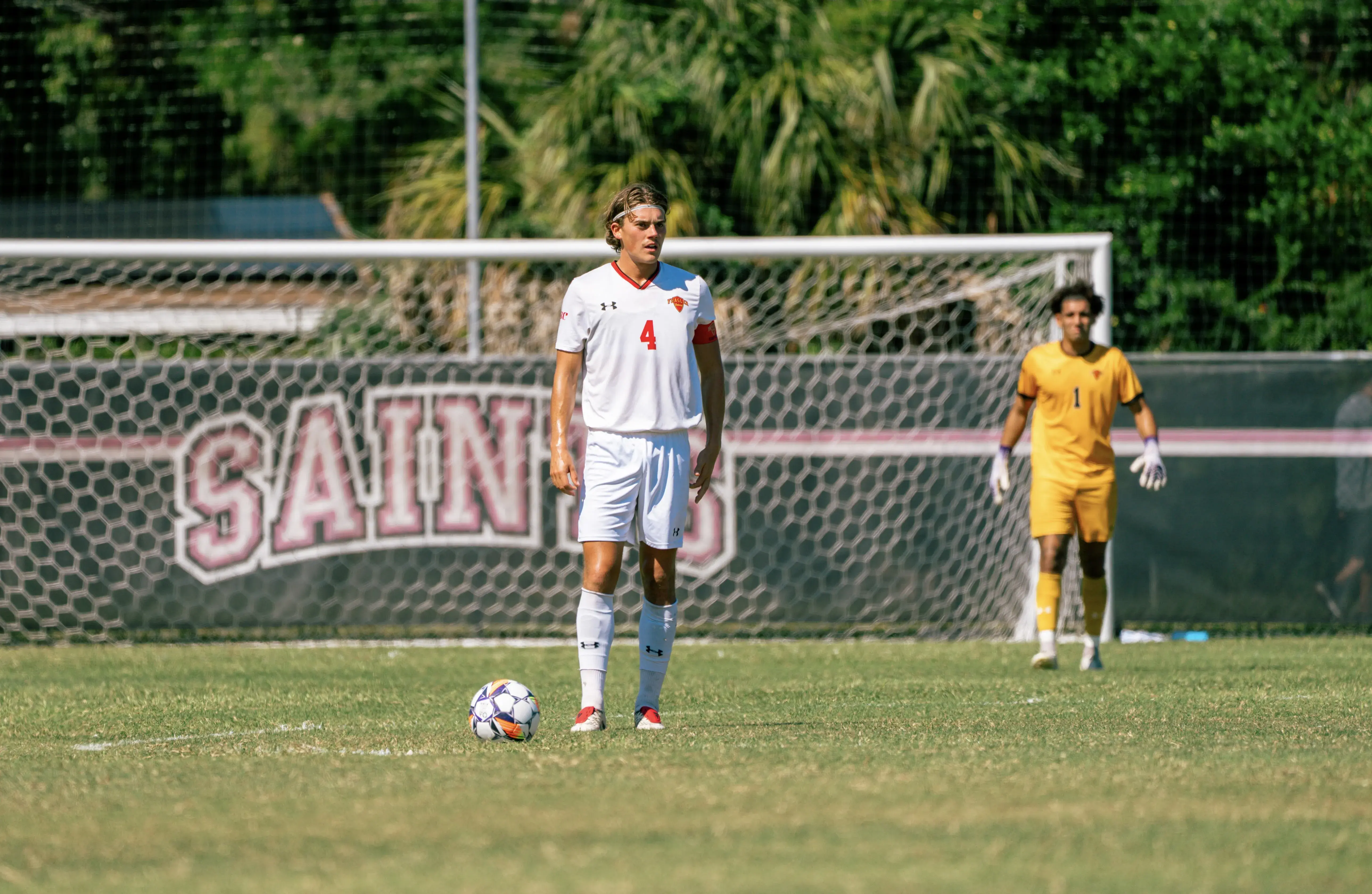 Gustav Moberg of Flagler Men's Soccer stand ready to take a free kick