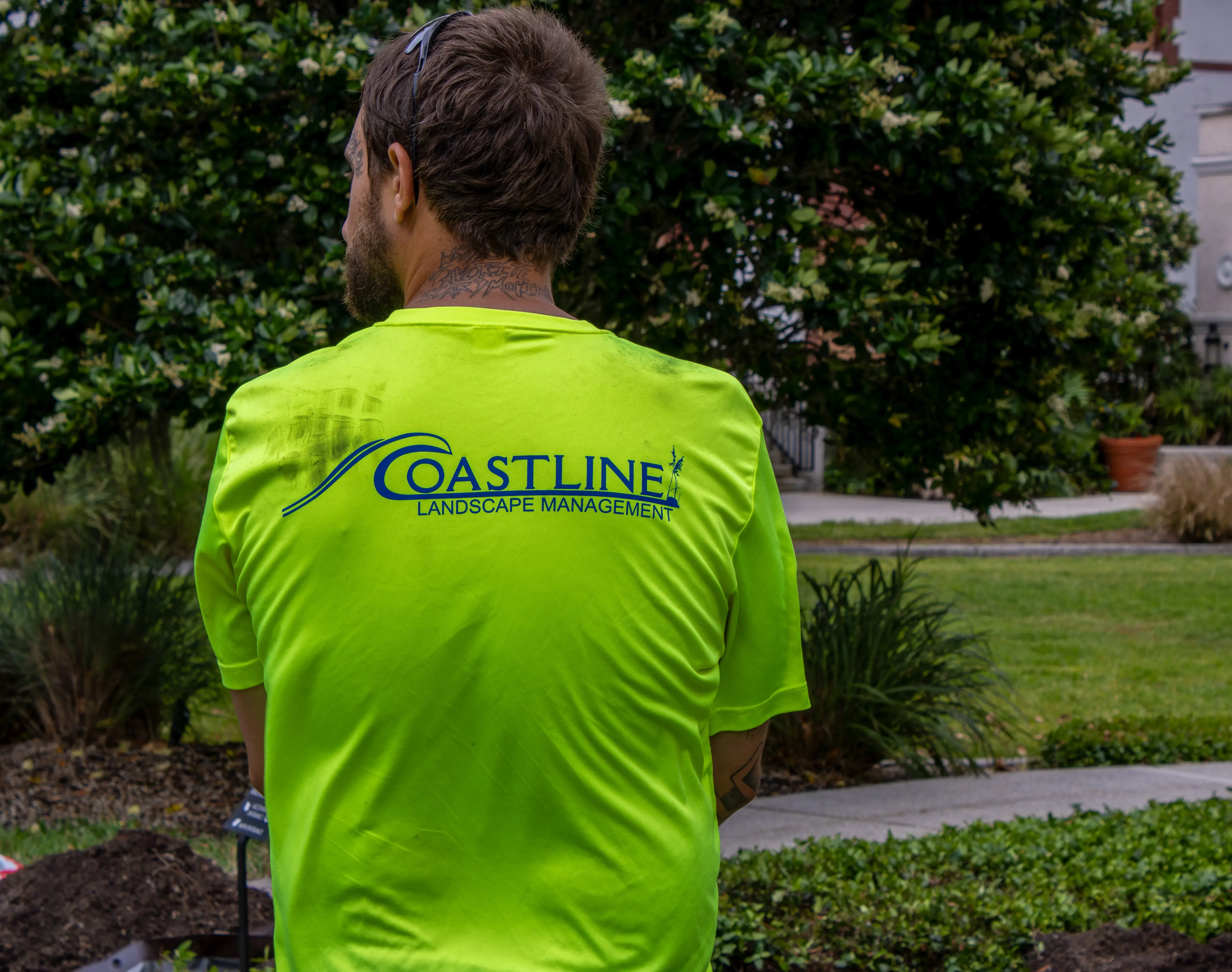 The back of a coastline landscaping tee shirt