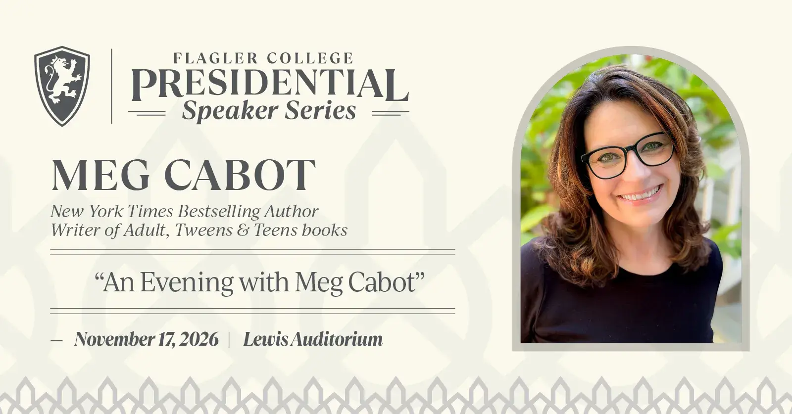 Meg Cabot Presidential Speaker Series Graphic